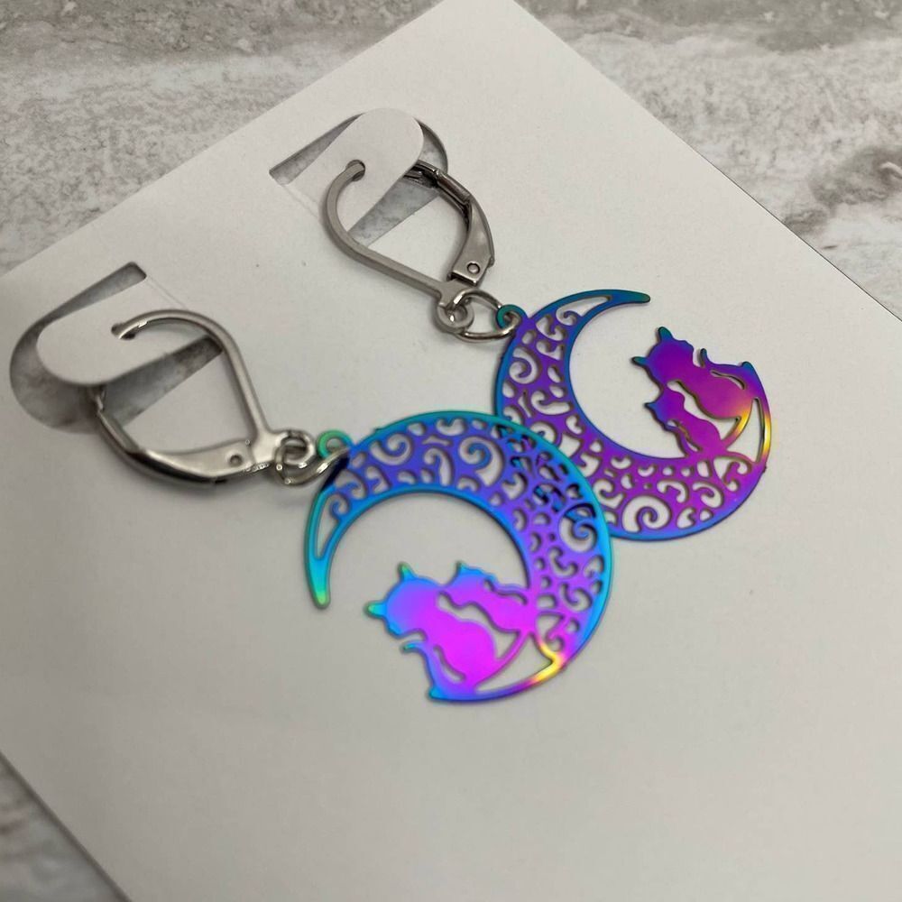 Anadeliss Handmade Crescent Moon Cats Rainbow Steel Etched Earrings Halloween